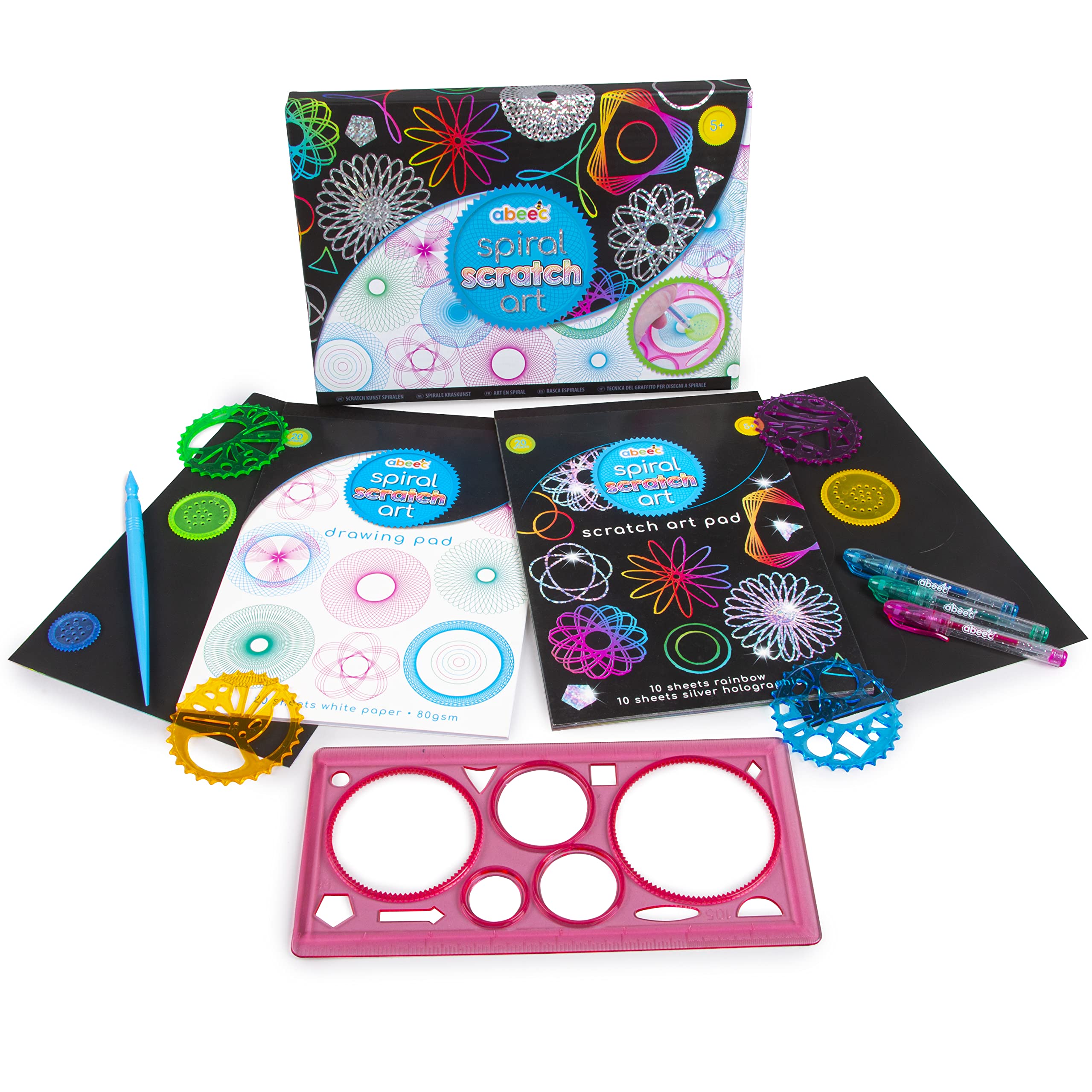 abeec Spiral Scratch Art Set - Kids Frame, Wheels, A5 Pad, Sticker Sheets & More - Party Bag Fillers