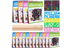 KITOYZ 16 Pack Drawing Notebook Set, Scratch Art Paper Rainbow Mini Notes, Sketch Drawing Pad for Kids Party Favors（with 16 Wooden Stylus & 4 Drawing Stencils）