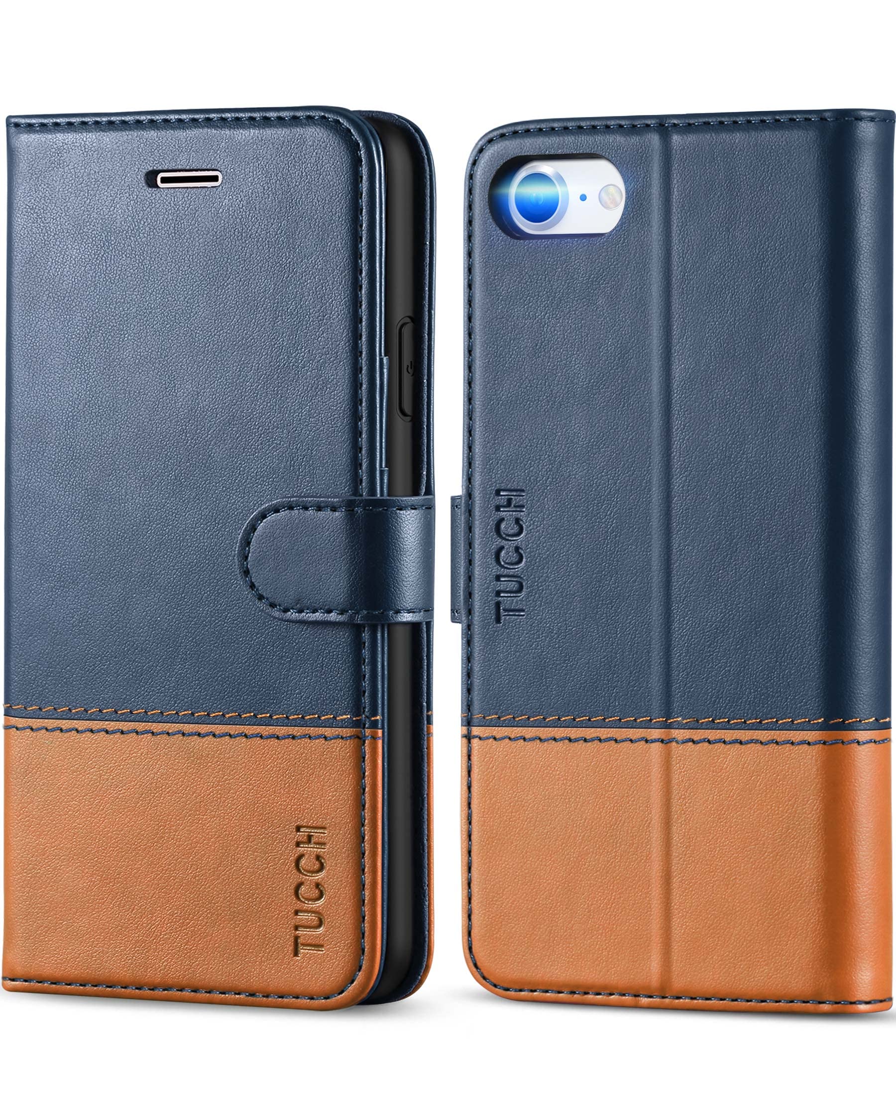 TUCCH Wallet Case for iPhone SE 2022 5G/iPhone SE 2020/iPhone 8/7 (4.7"), Magnetic PU Leather Book Stand Folio Flip Cover with[Card Slots][Shockproof TPU]Compatible with iPhone SE3/SE2/8/7, Blue&Brown — image 1