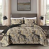 DJY Black Paisley Quilt Set King Black and Gold Boho Bedspread Coverlet Set 3 Pieces, Soft Lightweight Microfiber Paisley Floral Pattern Bedding for All Season, 110"x90"