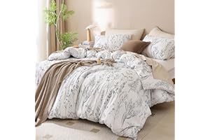 JANZAA Duvet Cover Queen Size, 3 Pieces Floral Duvet Cover with Black Botanical Patterns Soft Microfiber Bedding Set with Zipper Closure 4 Ties (2 Pillow Cases)-White