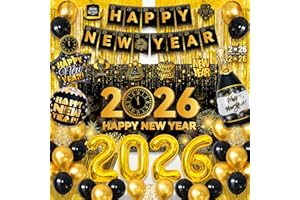 BISWITER Happy New Years Decorations Kit, New Years Eve Party Supplies 2026 with Backdrop, Banner, Hanging Decor, Fringe Curtains and Number Foil Balloon for Black and Gold NYE Party Decorations
