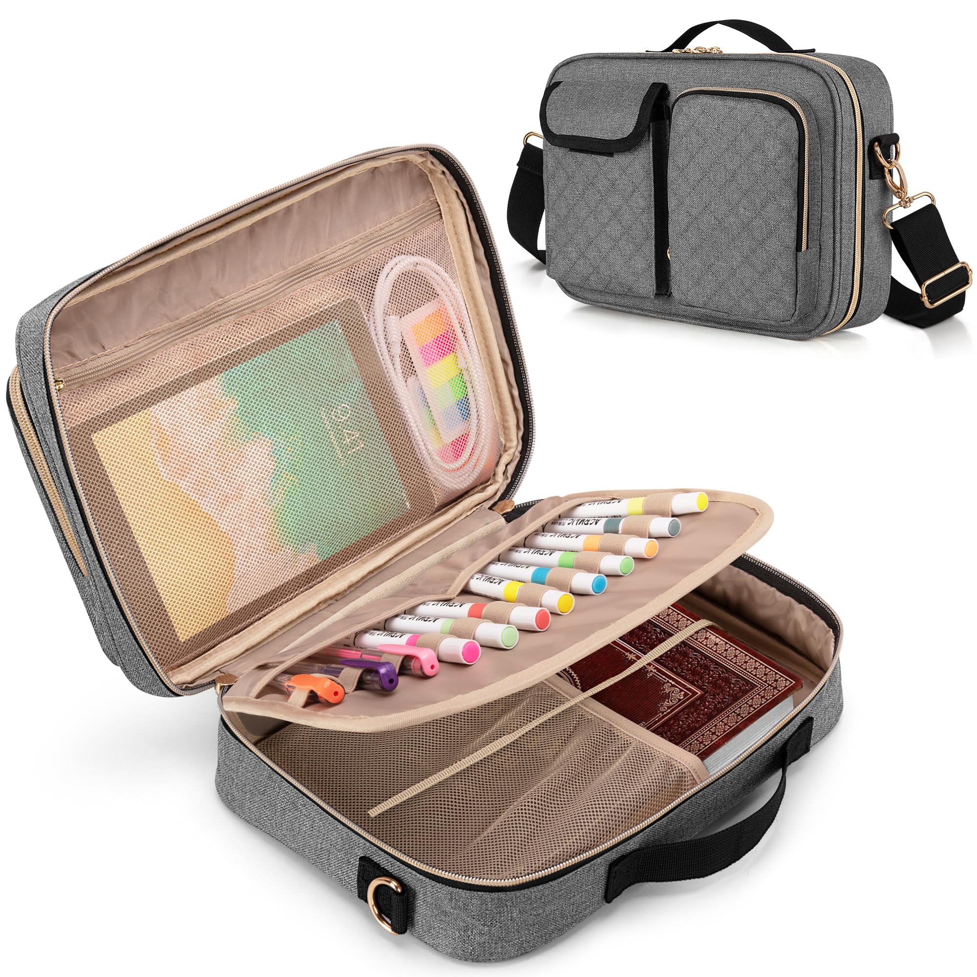 Luxja Bible Cover Case for Women with Detachable Pen Slots, Bible Case with Multiple Pockets and Shoulder Strap (Patent Pending), Grey