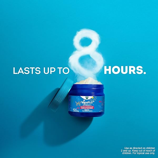 VICKS CHILDREN’S VAPORUB, TOPICAL COUGH SUPPRESSANT AND ANALGESIC, RELIEVES COUGHS AND MINOR ACHES AND PAINS, CLINICALLY PROVEN, STARTS WORKING IN MINUTES FOR FAST RELIEF, FOR CHILDREN AGES 2+, 1.76OZ