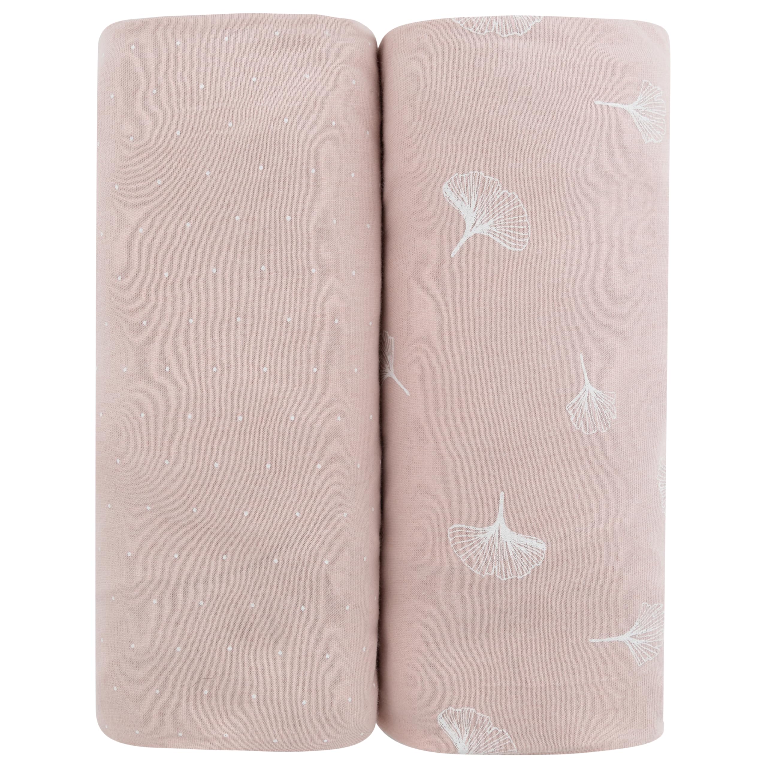 Ely’s & Co. Crib Sheet 2-Pack — Combed, 100% Jersey Cotton for Baby Girl — Rosewater Pink, Pin Dots & Gingko Leaves 52” x 28”