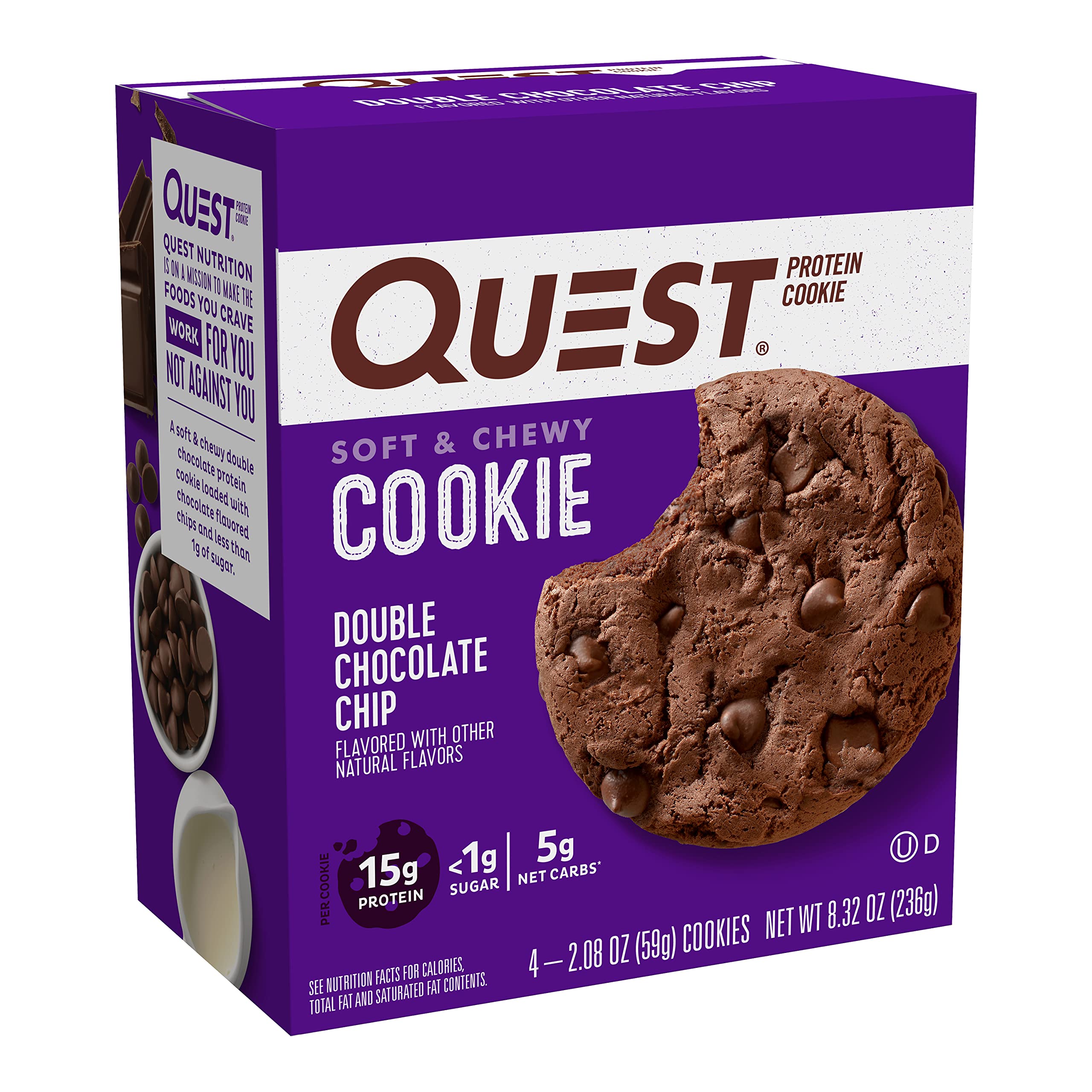 Quest Nutrition Double Chocolate Chip Protein Cookie, 15g Protein, 1g Sugar, 3g Net Carbs, Keto Friendly, High Protein, Low Carb; 4 Count
