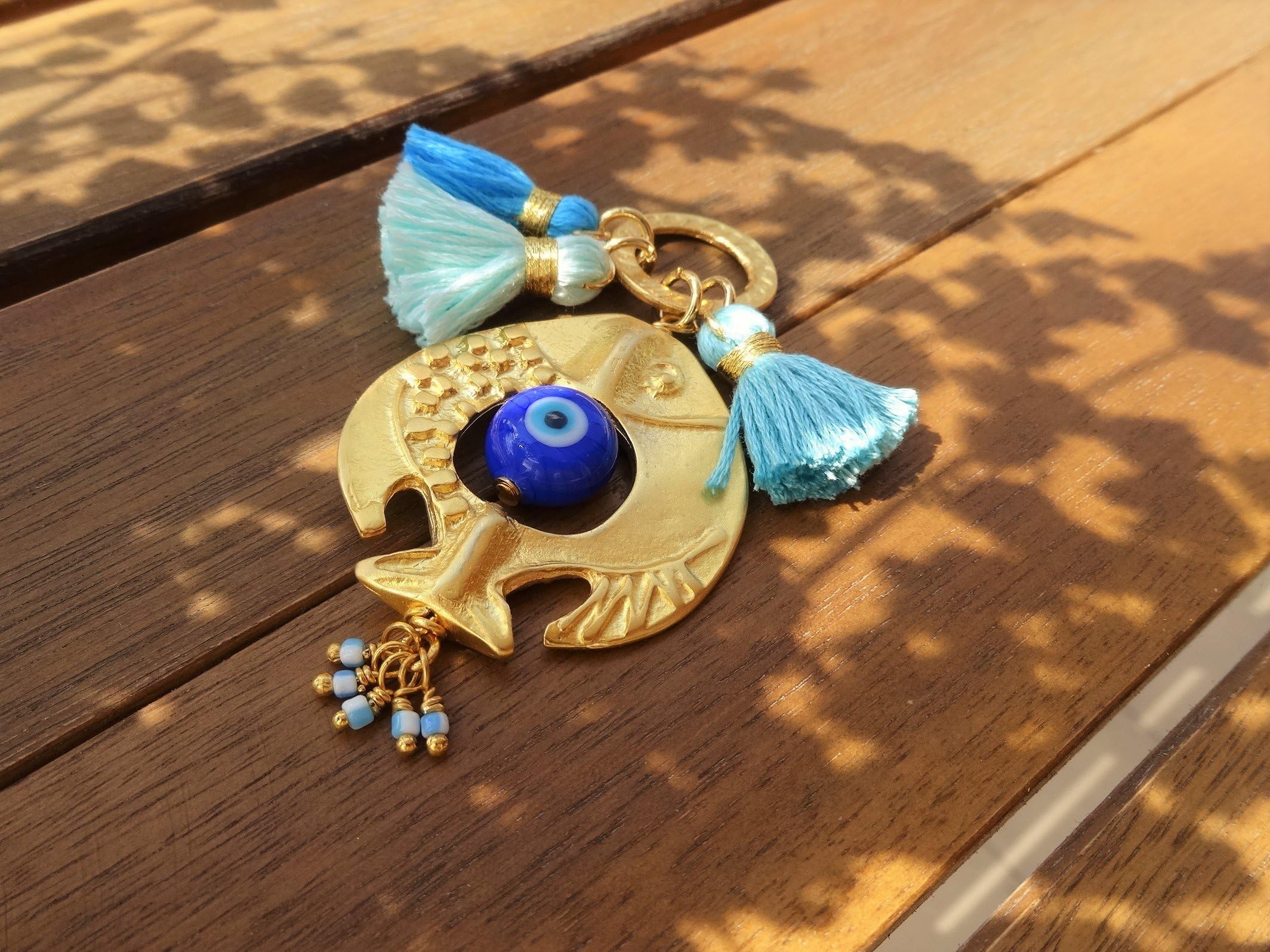 Gold Fish Charm Evil Eye Beaded Tassel Home Decor Walhanging - Door Knob Decor -Evil Eye Beaded Wall Hanging