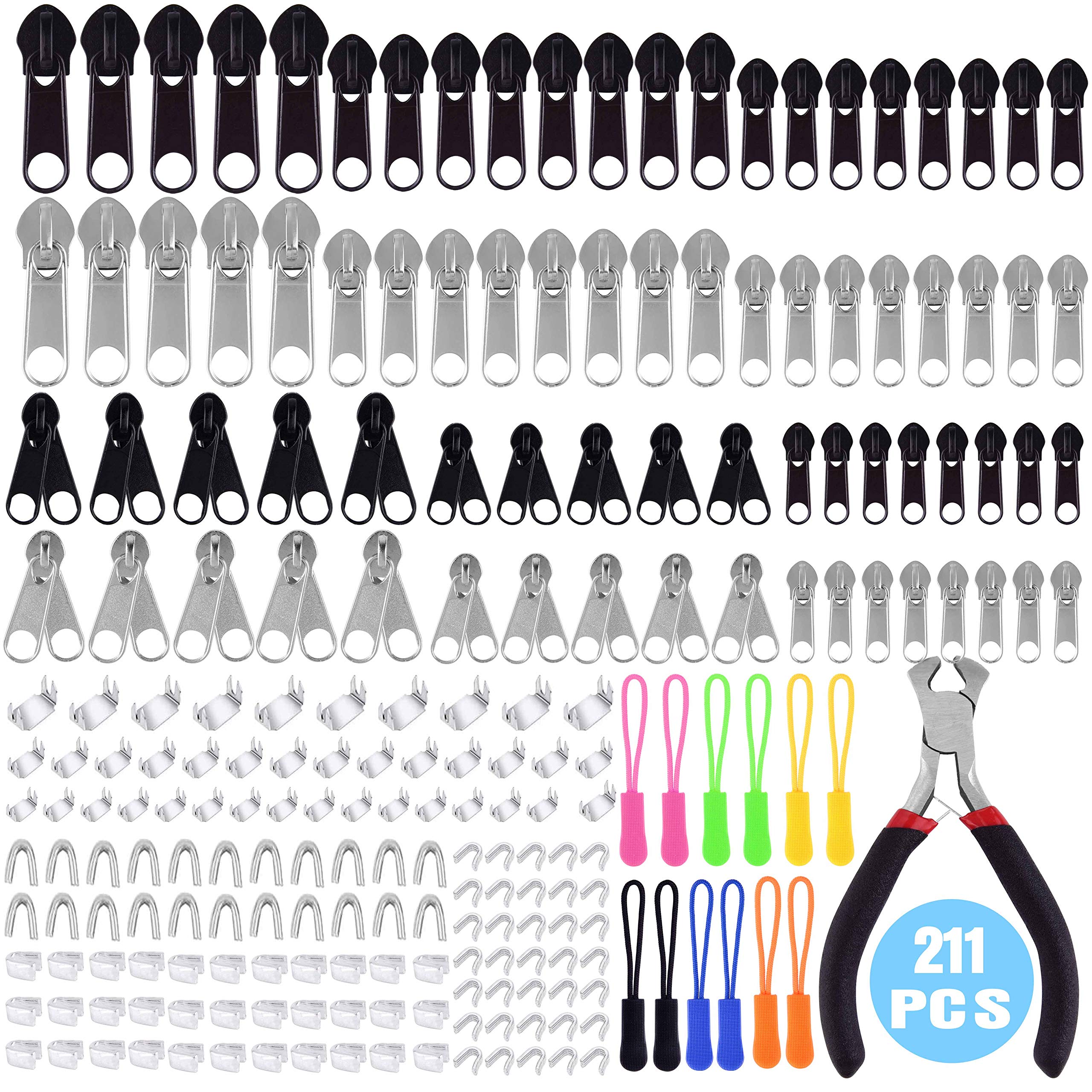 TUPARKA 211 Pcs Zipper Repair Kit Zipper Replacement with Zipper Install Plier for DIY Bags, Jackets, Luggage, Backpacks, Silver and Black