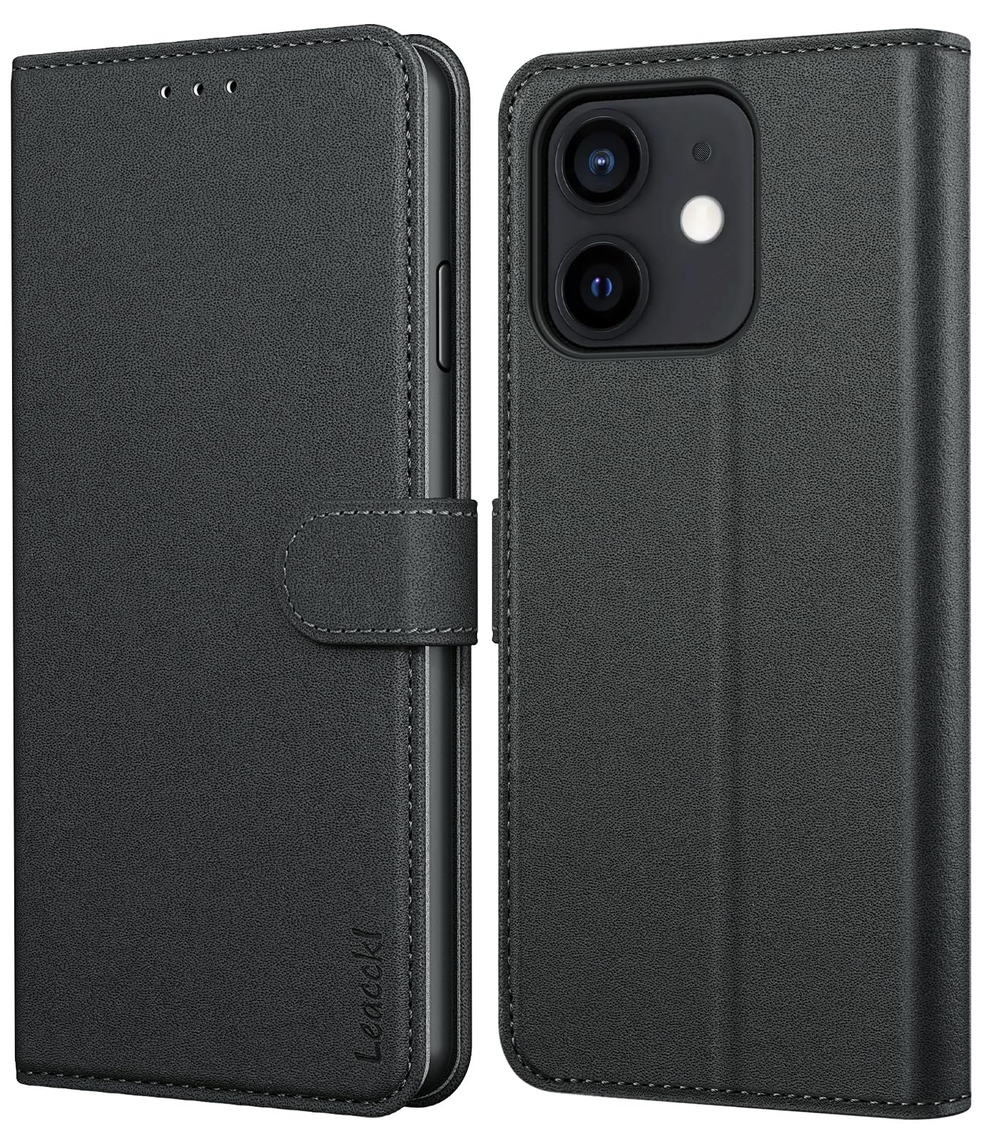 Leacckl for iPhone 12/12 Pro Case, Leather Wallet Case, Flip Case with Card Holder and Magnetic Buckle, Black