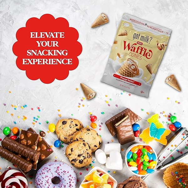 GOT MILK? MINI WAFFLE CONES, PEANUT BUTTER, 4.24 OZ. / 119G RESEALABLE BAG, DELICIOUS PEANUT BUTTER FILLED WAFFLE CONE BITES, MINI ICE CREAM CONES FOR DESSERT OR SNACK, RETAIL PACK