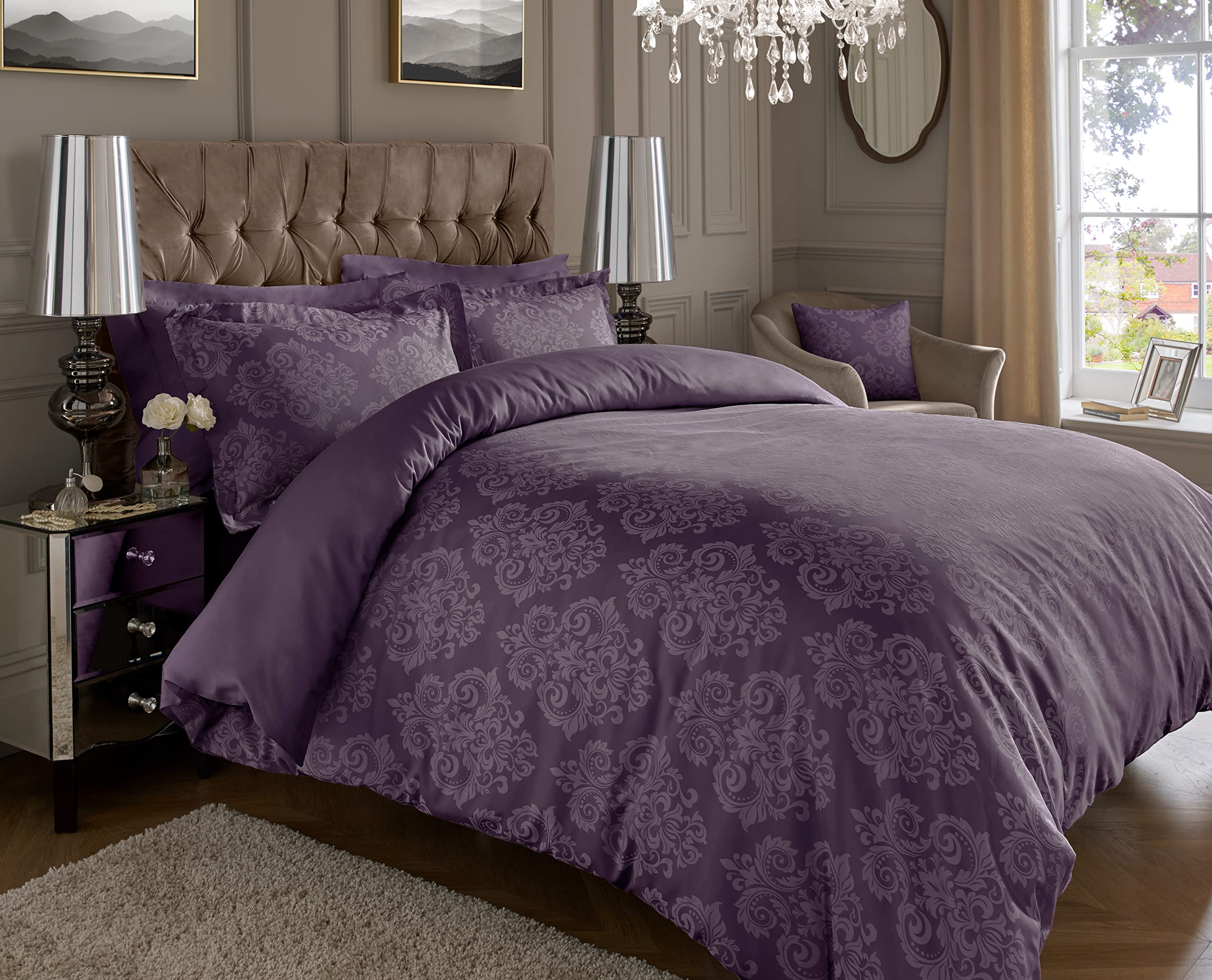 ED Luxury 600 Thread Count Jacquard Duvet Cover 3 Piece Set | Super Soft Cotton Rich & Warm Bedding | Damask Pattern Quilt Cover (Double, Plum Damask)