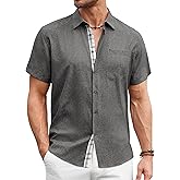 DEMEANOR Mens Linen Shirts Short Sleeve Wrinkle Free Untucked Shirt Casual Summer Beach Wedding Button Down Top with Pocket