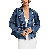 D-Sun Women Cropped Denim Jacket Short Jean Trench Coat V Neck Collared Long Sleeve Button Denim Trench Jacket with Pocket