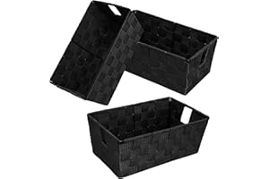 HOMYFORT Woven Black Storage Baskets Shelf Tote Boxes Container, Durable Storage Organizer Bins with Built-in Handles for Bedroom, Office, Closet, Kids Room, Nursery, 3-Pack,11.4”x 6.5”x 4.5”