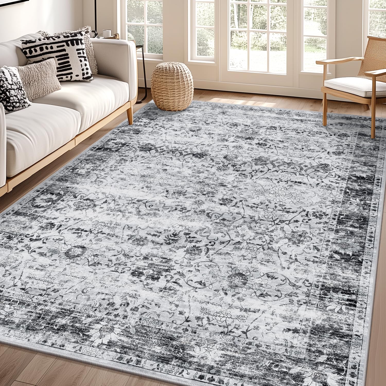 Yamaziot 6x9 Large Washable Area Rug, Non-Slip Soft Distressed Living Room Rug with Rubber Backing, Low Pile Faux Wool Vintage Thin Rug Floor Carpet for Dinning Room, Bedroom, Black/Grey Image Yamaziot 6x9 Large Washable Area Rug, Non-Slip Soft Distressed Living Room Rug with Rubber Backing, Low Pile Faux Wool Vintage Thin Rug Floor Carpet for Dinning Room, Bedroom, Black/Grey Image