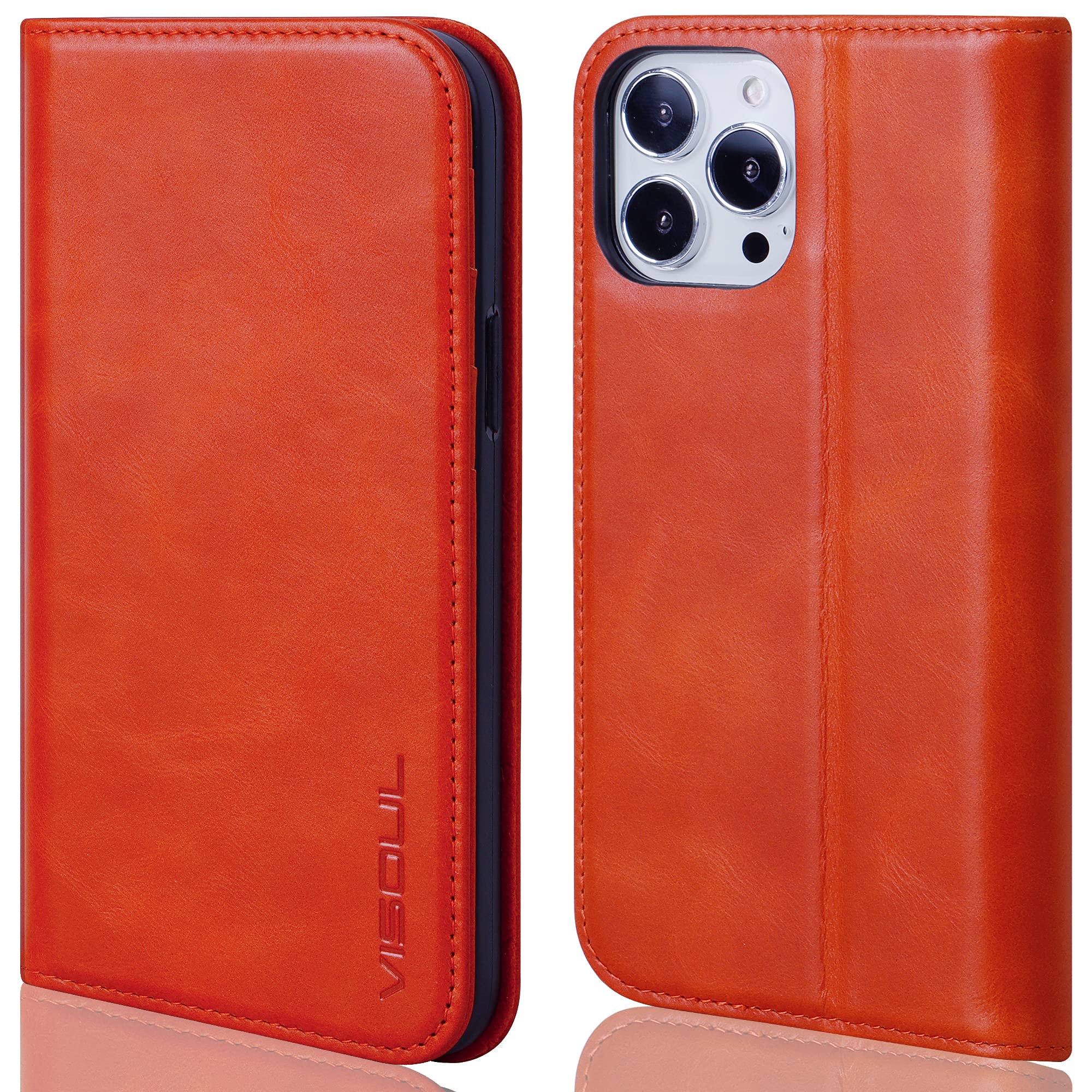 VISOUL Wallet Case Compatible for iPhone 13 Pro Max 6.7" 2021 Genuine Leather Folio Case, RFID Blocking, Magnetic, 3 Credit Card Slots, Kickstand, Shock Absorbin-Orange