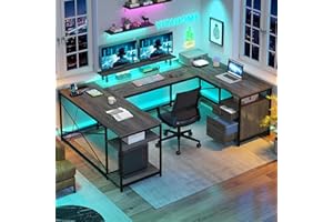 YITAHOME U Shaped Desk with Power Outlets & LED Lights, 79" Reversible L Shaped Desk with Drawers, Corner Computer Desk Office Desk with Monitor Stand & Storage Shelves, Grey