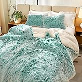 Flysheep Luxury Faux Fur Shaggy Fluffy Comforter Set Twin Size Mixed Aqua and White Long Hair, 3 Pieces Plush Flannel Sherpa Backing Reversible Soft Microfiber Bedding Set Super Warm for Winter