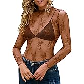 MEROKEETY Womens 2026 Mesh Sheer Lace Long Sleeve Top Sexy Y2k Mock Neck See Through Shirt Blouses