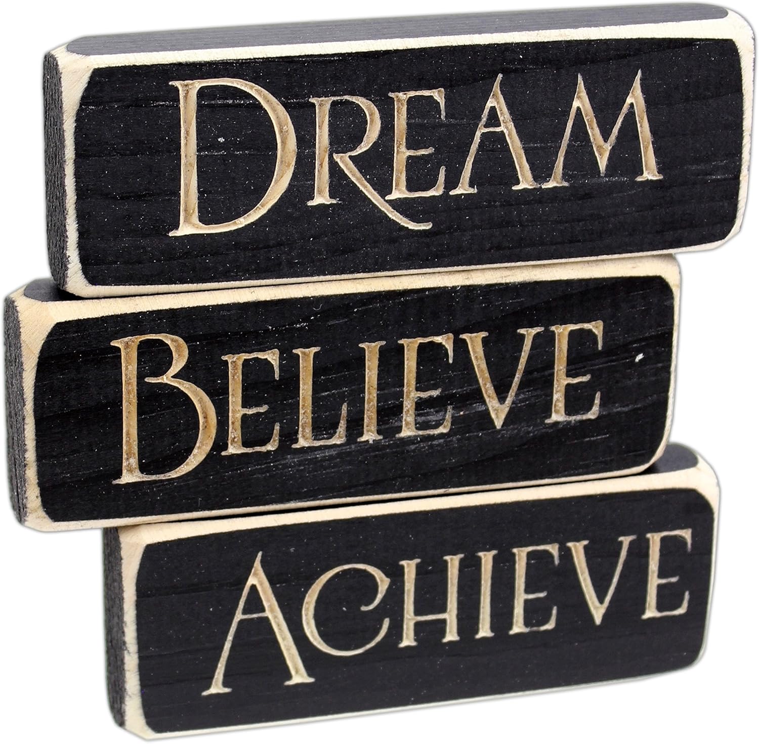 Heartwood Hollow Set of 3 5" x 1.5" Inspirational Engraved Wood Block Signs (Achieve Dream Believe)