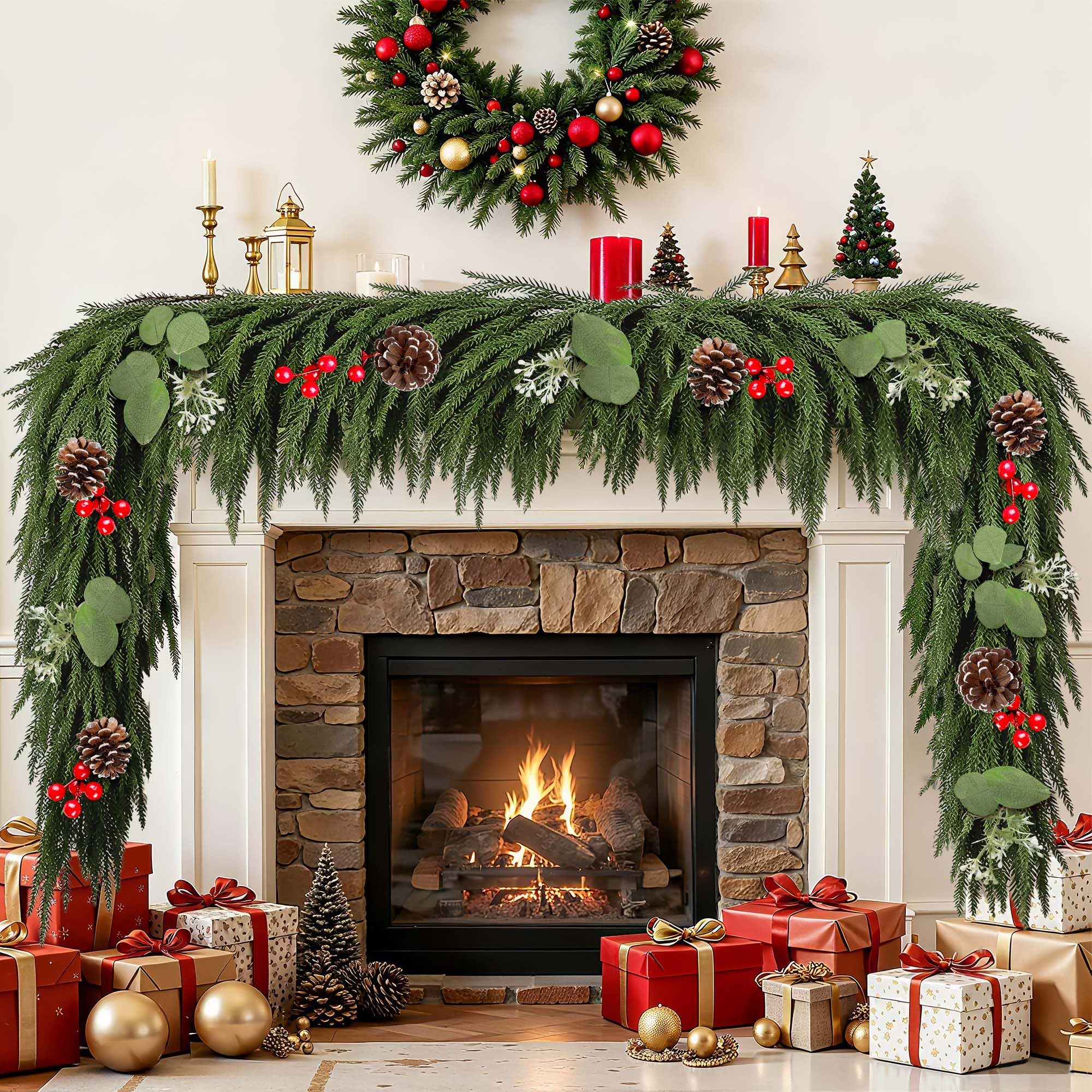 Photo 1 of 2 PCS Christmas Cedar Garland Decorations, 6FT Real Touch Norfolk Pine Garlands with Pinecones and Red Berries, Faux Christmas Greenery Garland for Mantle, Table, Wall, Indoor Outdoor Xmas Decor