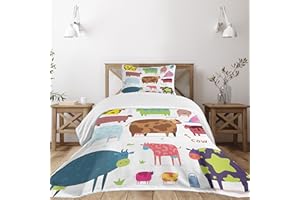Lunarable Cartoon Bedspread, Cartoon Design Cows Colorful Barnyard Animals Bucket Farm Theme, Decorative Quilted 2 Piece Coverlet Set with Pillow Sham, Twin Size, Blue Brown
