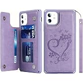 iCoverCase Compatible with iPhone 11 Wallet Phone Case with Card Holder for Women, RFID Blocking Embossed PU Leather Wrist Strap Case 6.1 Inch (Heart Purple)