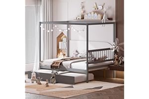 KOMFOTT Wood Canopy Bed with Trundle, Full Size Kids Solid Wood Platform Bed Frame with Headboard, Modern Space Saving Full Bed with Twin Trundle Bed, No Box Spring Needed, Easy Assembly (Grey)