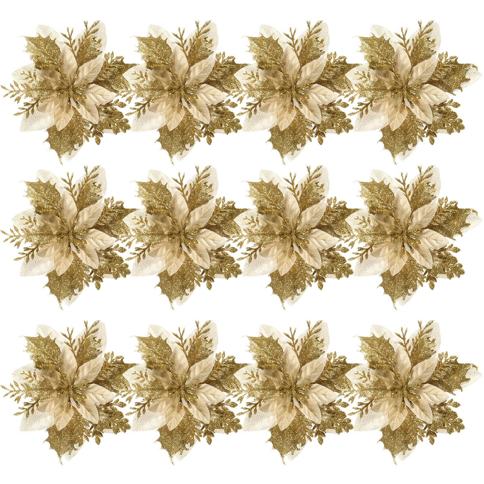 TOYANDONA 12pcs Glitter Artificial Flowers Christmas Tree Flowers Hanging Ornaments Christmas Party Decoration with 12pcs Stems and Clips (Golden)