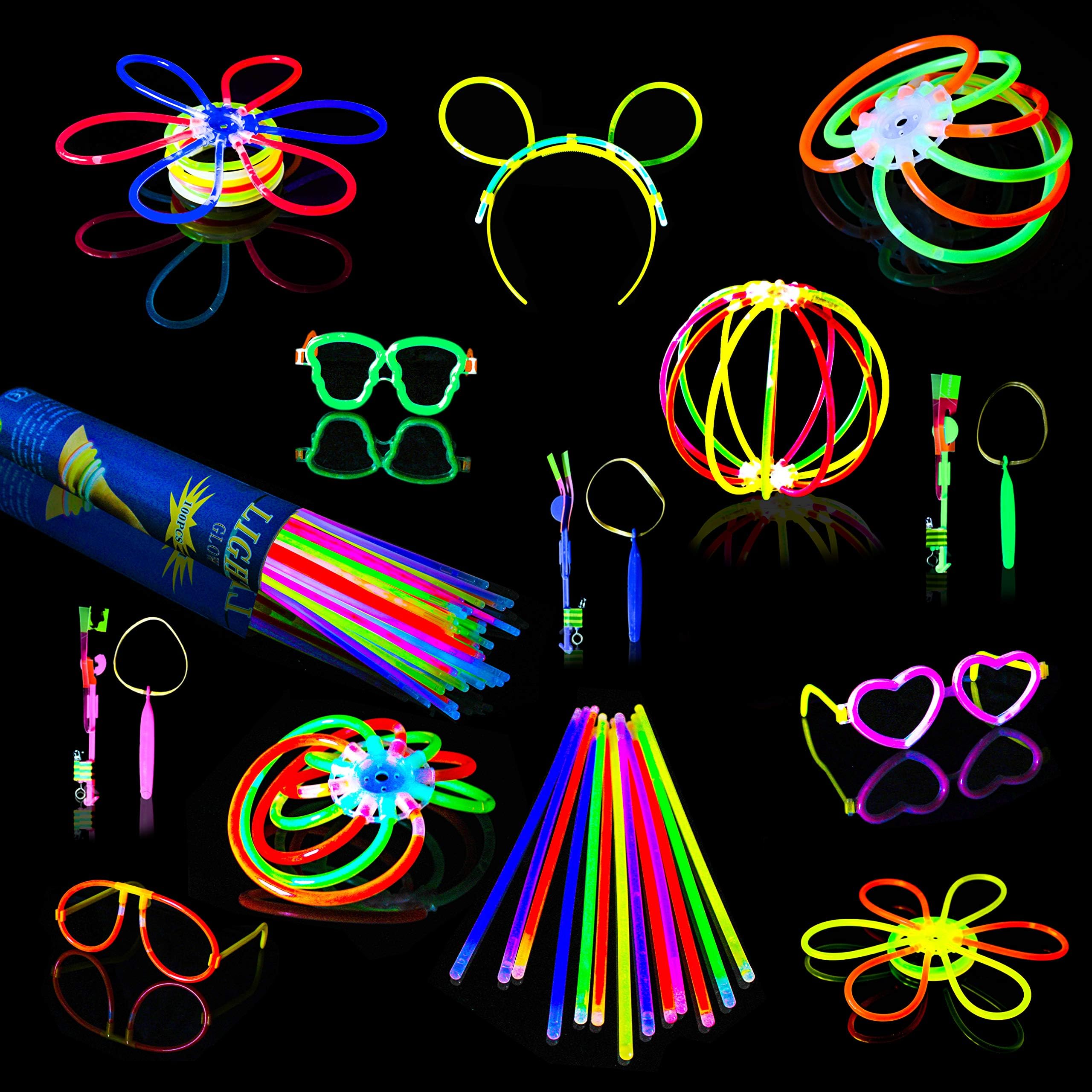 RedPineapple Glow Sticks 220pc Premium Party Kit + BONUS - Glow Bracelets, Necklaces, Round Glasses, Heart Glasses, Headbands, Glow Balls + LED Sky Rockets!
