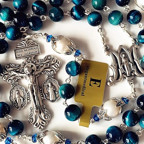 elegantmedical HANDMADE Peacock Blue Tiger Eye Prayer Beads & (AAA)10mm rea : elegantmedical Handmade Peacock Blue Tiger Eye Beads