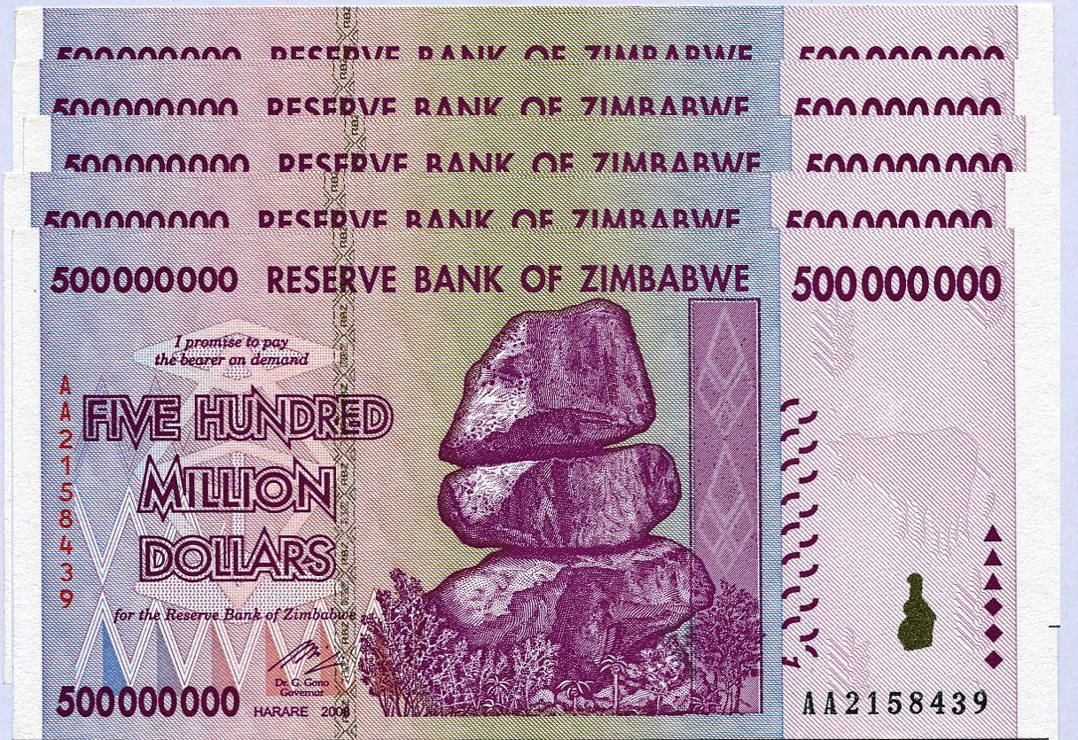 RBZ Collectibles Zimbabwe 500 Million Dollars x 5 (2008) UNC Banknotes, Obsolete, Conversation Starter, Collectible