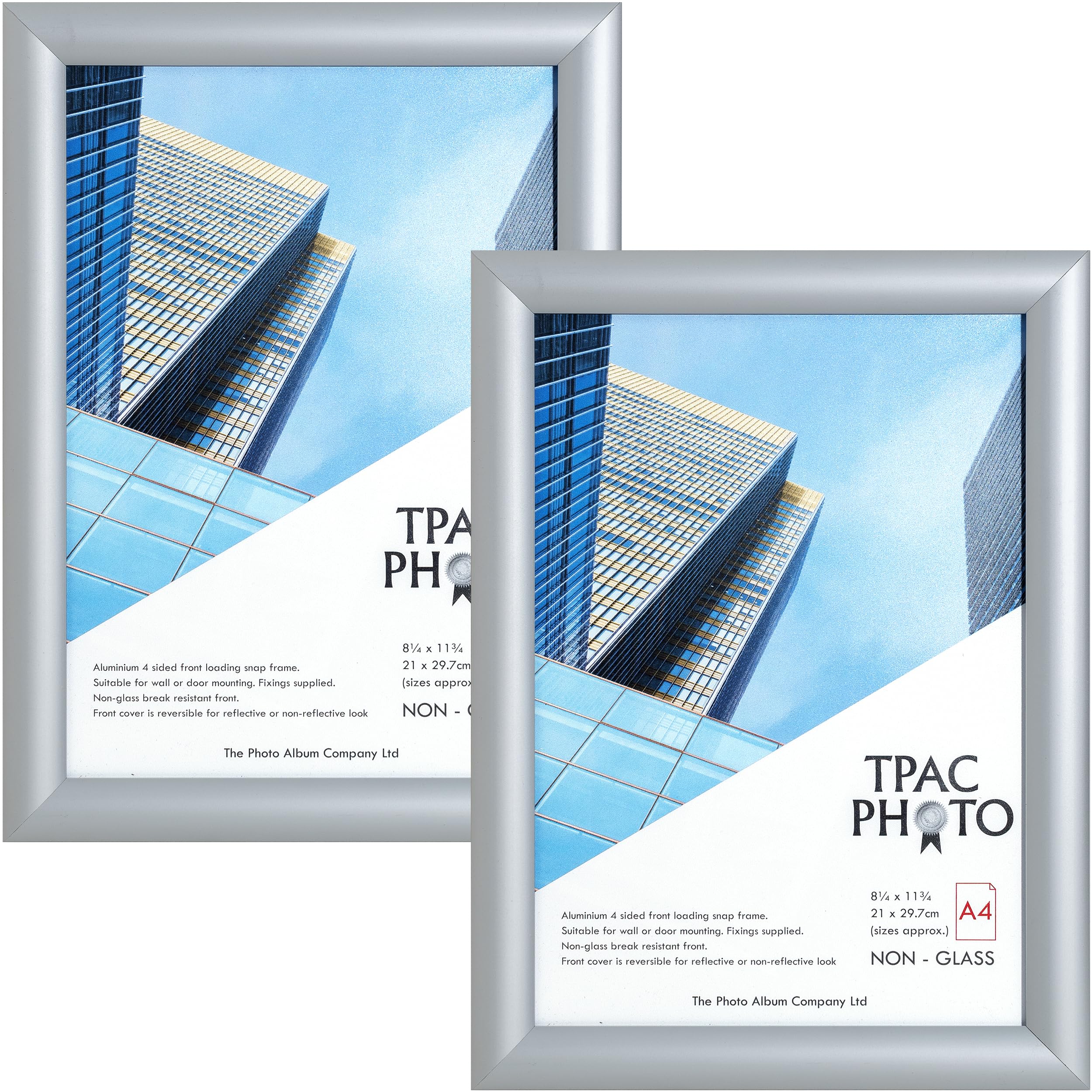 The Photo Album Company Limited | Snap Frame | A4 (21x30cm), Silver, Satin Finish, Pack of 2, Rectangular, Metal, Wall Mount | Acrylic Front, Easy Change, Display