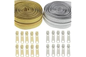 #5 Metallic Nylon Coil Zippers by The Yard,Bulk 5 Yards Gold+5 Yards Silver Metallic Teeth Sewing Zipper for DIY Tailor Crafts Bags,Each Color with 10 PCS Pulls Sliders,SHUNLI