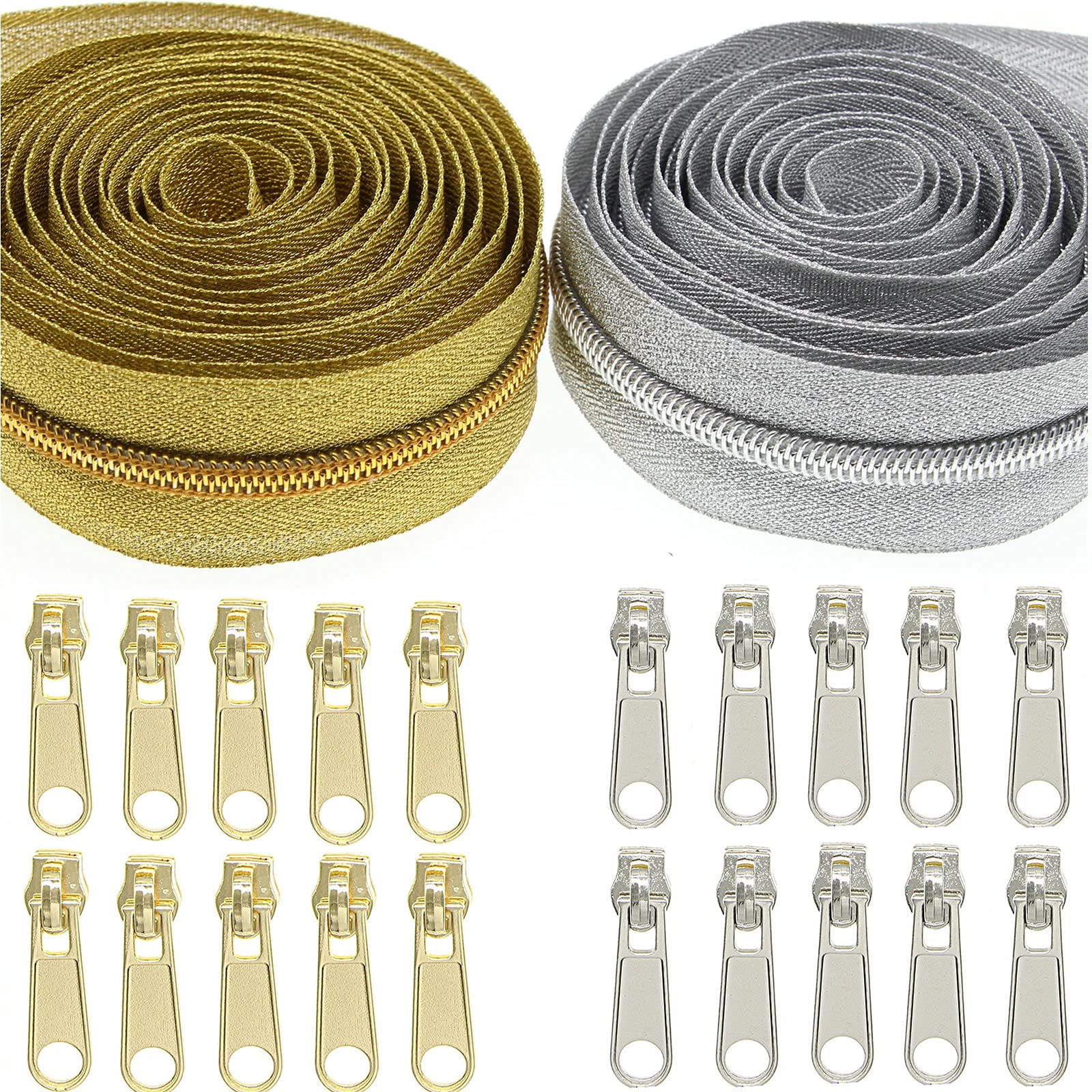 Photo 1 of #5 Metallic Nylon Coil Zippers by The Yard,Bulk 5 Yards Gold+5 Yards Silver Metallic Teeth Sewing Zipper for DIY Tailor Crafts Bags,Each Color with 10 PCS Pulls Sliders,SHUNLI