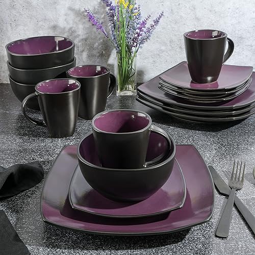 Gibson Soho Lounge Dinnerware set, Square, Purple, Service for