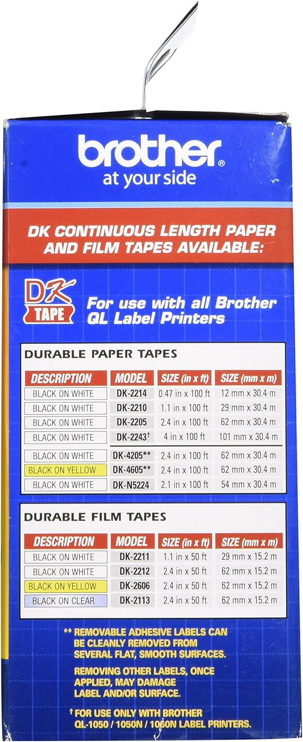 Brother Genuine DK-2210 Continuous Length Black on White Paper Tape for Brother QL Label Printers, 1.1" x 100' (29mm x 30.4M), 1 Roll per Box, DK2210 : Office Products