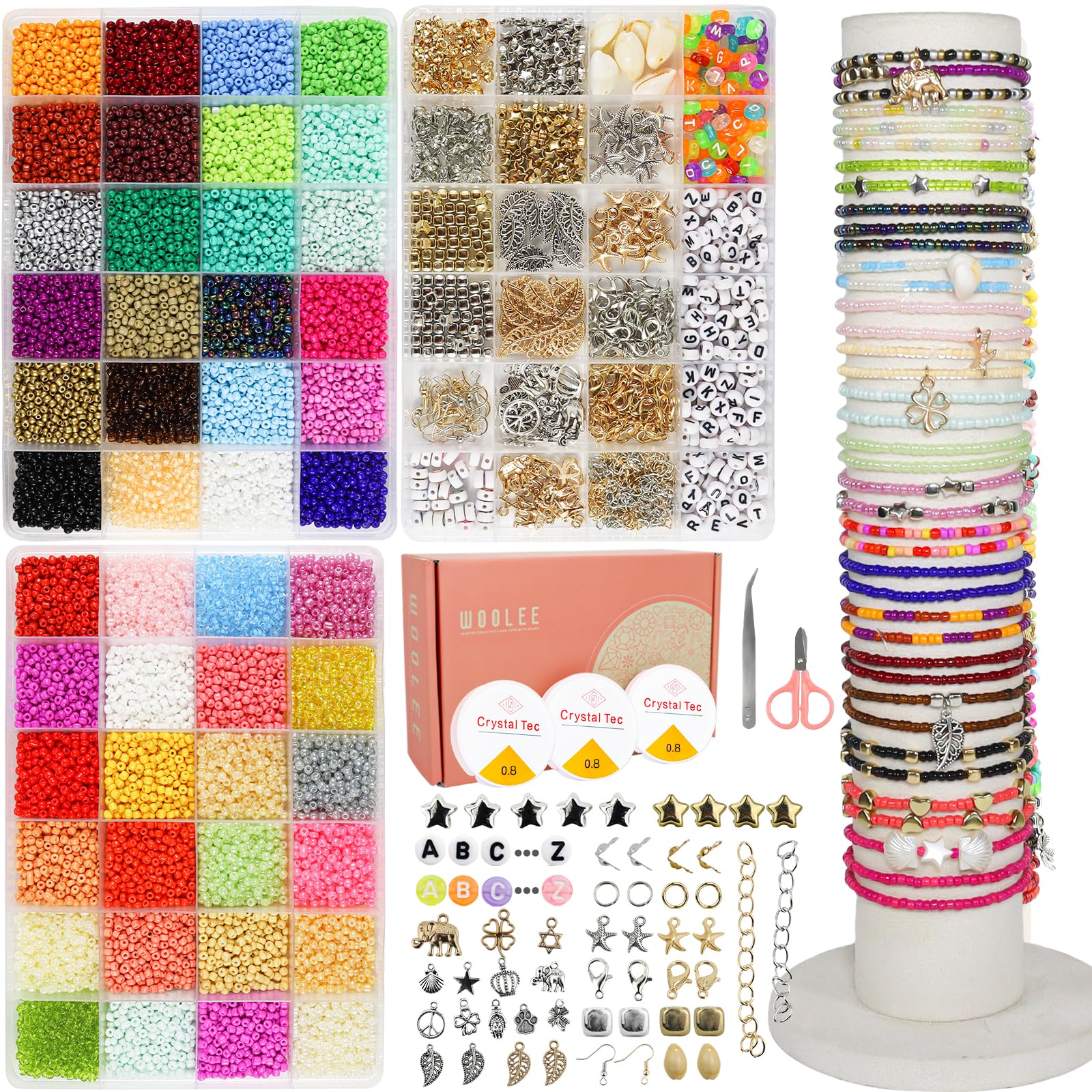 3mm Glass Seed Beads Bracelet Making Kit, 48 colours seed beads Friendship Bracelet Making kit, small Seed Beads Jewellery making kit, bracelets earrings necklaces, DIY Craft Set, Girls' Gift Set