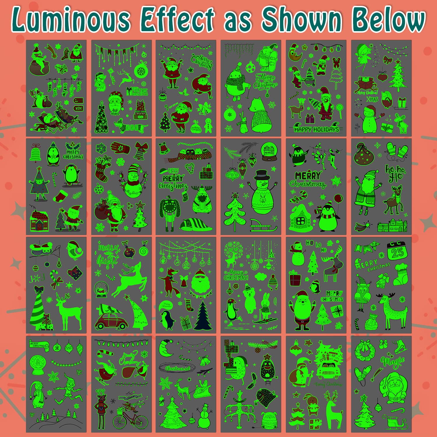 Partywind 235 Styles Glow Christmas Tattoos for Kids Stocking Stuffers, Luminous Christmas Party Decorations Supplies Favors, Holiday Party Games Toys, Santa Snowflake Decor (24 Sheets)
