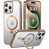 CASEKOO Desert Titanium 360° Polished for iPhone 15 Pro Case with Spin Magnetic Stand [Compatible with Magsafe][16FT Military Protection] Clear Back Titanium Alloy Sturdy Stand 6.1'', Rose Gold