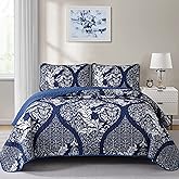 Navy Quilt Set Queen Size, Boho Damask Bedspread Coverlet Set Soft Lightweight Luxury Classical Bedding Set 3 Pieces for All Season (96"x90")