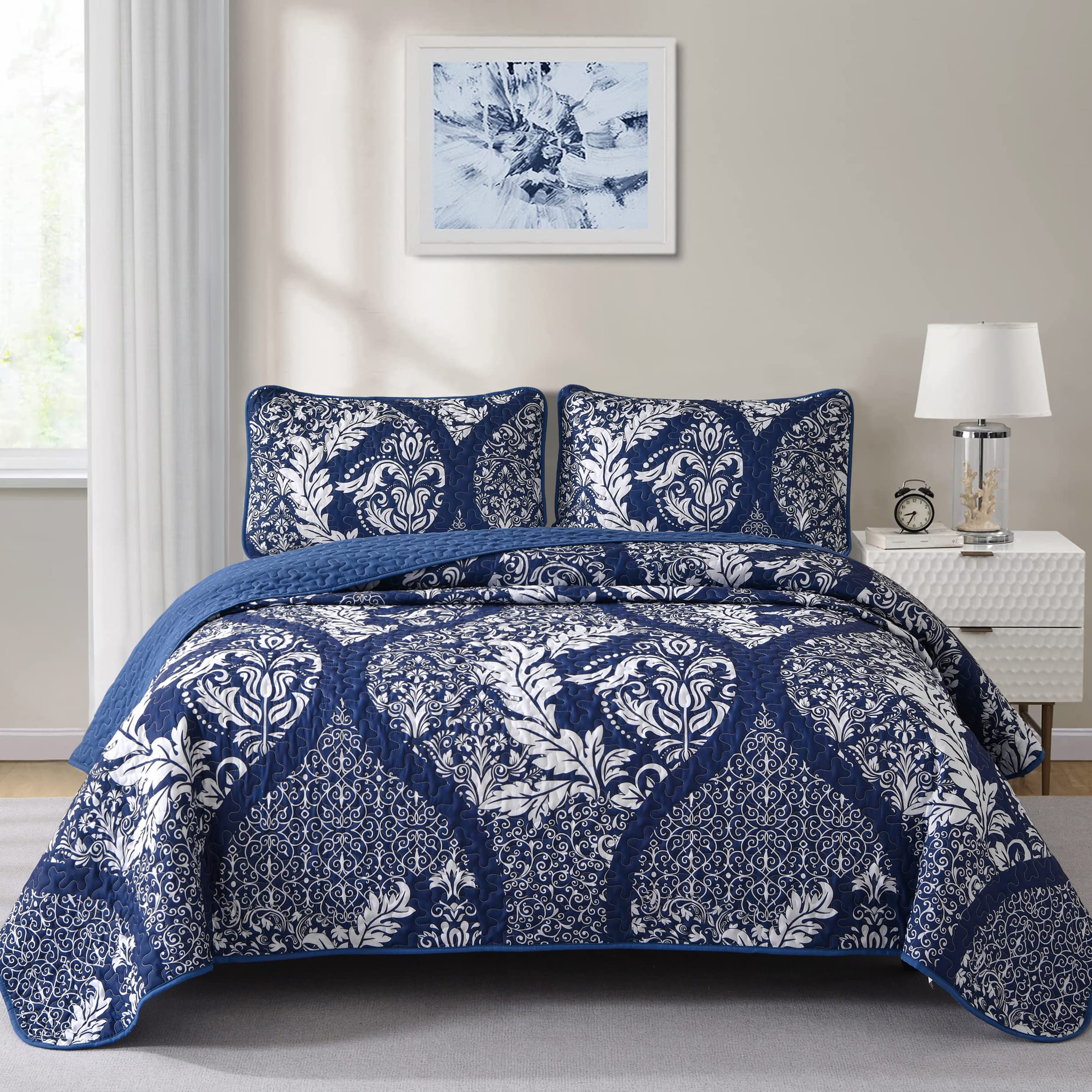 Photo 1 of DJY Navy Quilt Set Full Size, Boho Damask Bedspread Coverlet Set Soft Lightweight Luxury Bedding Set 3 Pieces for All Season (78"x90")