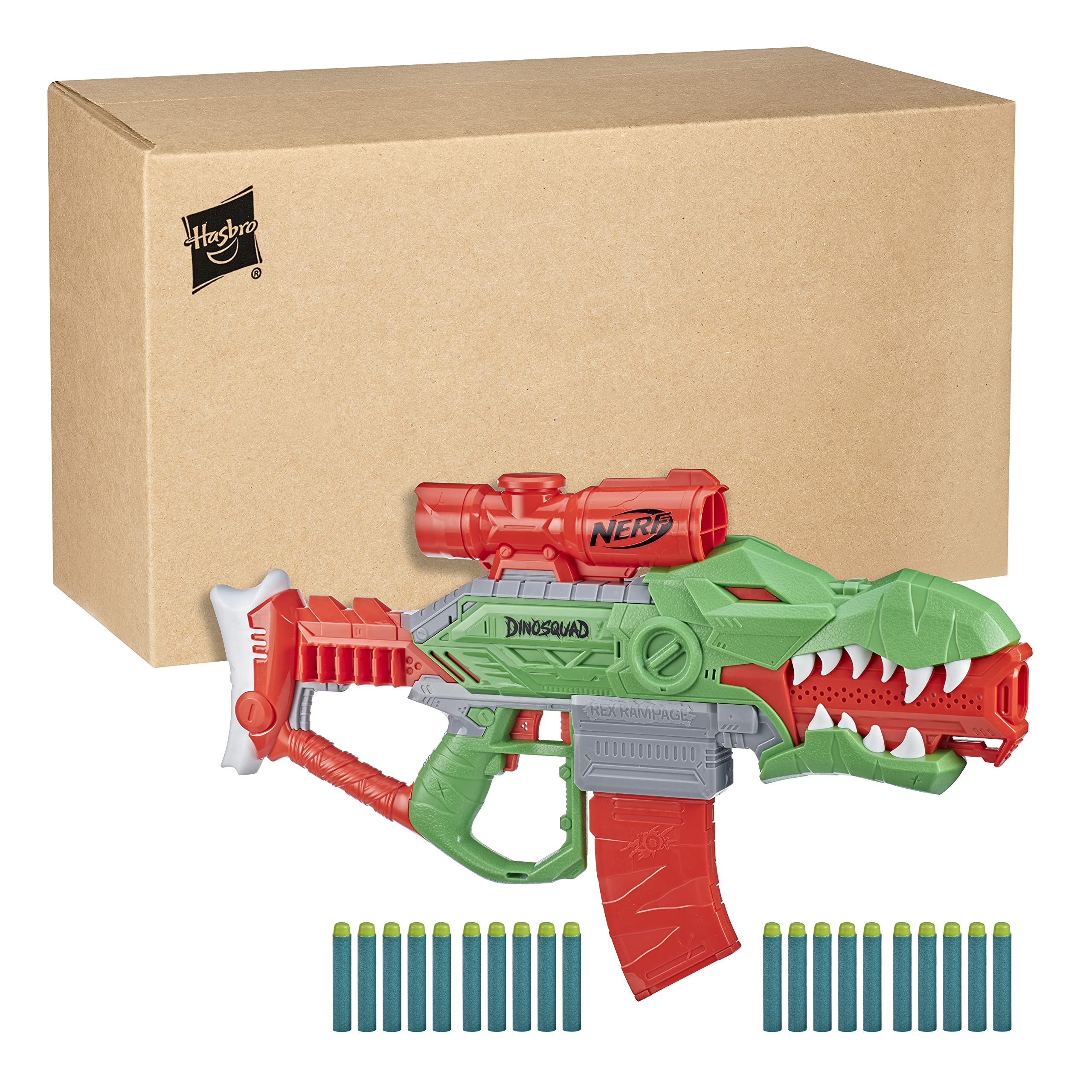Nerf DinoSquad Rex-Rampage Motorised Dart Blaster, 20 Darts, T-Rex Dinosaur Design, Multicolor