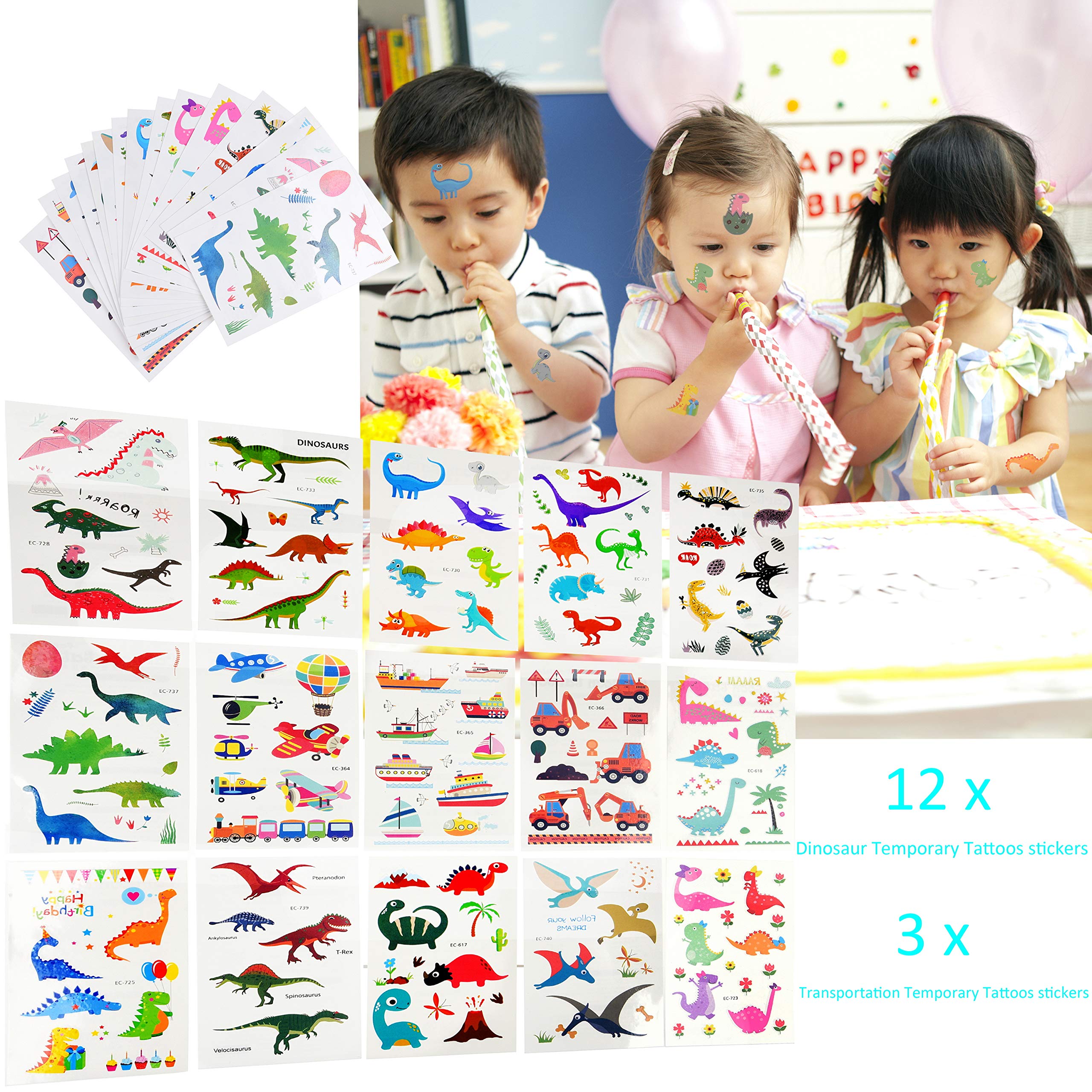 Kare & Kind Temporary Tattoos for Boys, Kids, Children - Dinosaur and Transportation Designs - 15 Sheets (190 pcs) - Dinosaur and Transportation Tattoo Stickers - Party Supplies, Decoration, Gift