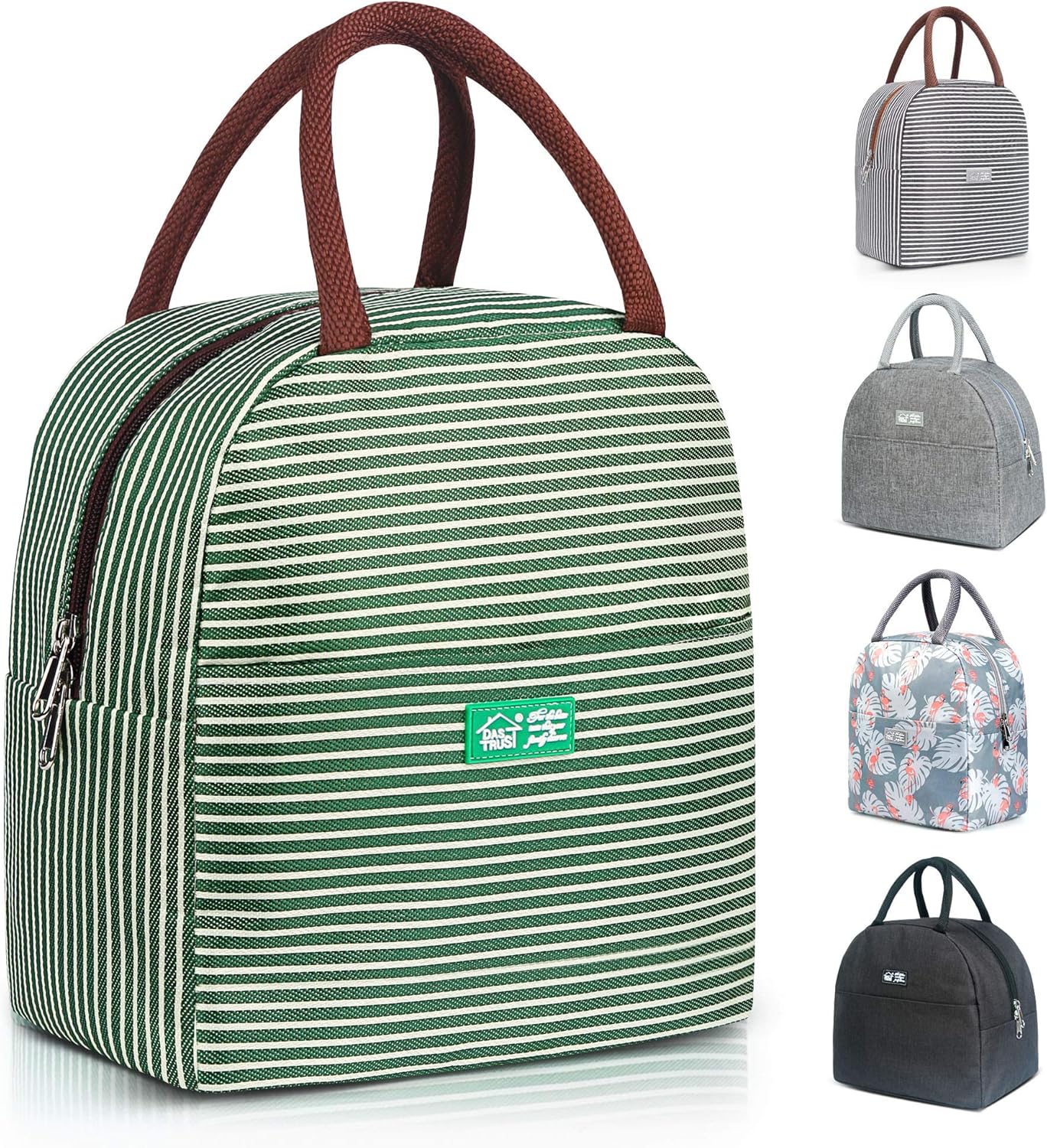 DAS TRUST Reusable Insulated Meal Prep Lunch Bag for Women Men Kids Leakproof Freezable Cooler Bag Durable Tote Bag Fashionable Lunchbox Container for Work School Gym Picnic White Green Strip