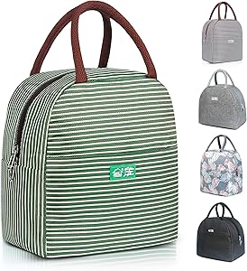 DAS TRUST Reusable Insulated Meal Prep Lunch Bag for Women Men Kids Leakproof Freezable Cooler Bag Durable Tote Bag Fashionable Lunchbox Container for Work School Gym Picnic White Green Strip