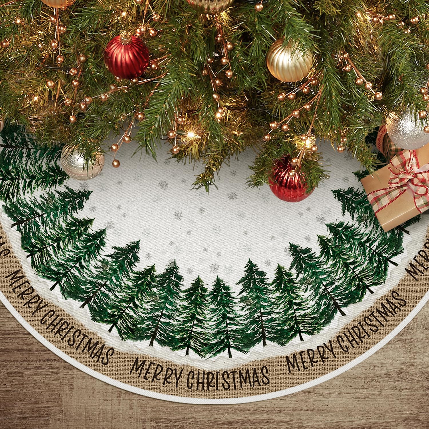 Artoid Mode Pine Trees Snowflakes Christmas Tree Skirt, 48Inch/122cm Seasonal Merry Xmas Party Holiday Vintage New Year Tree Mat Cover Decoration