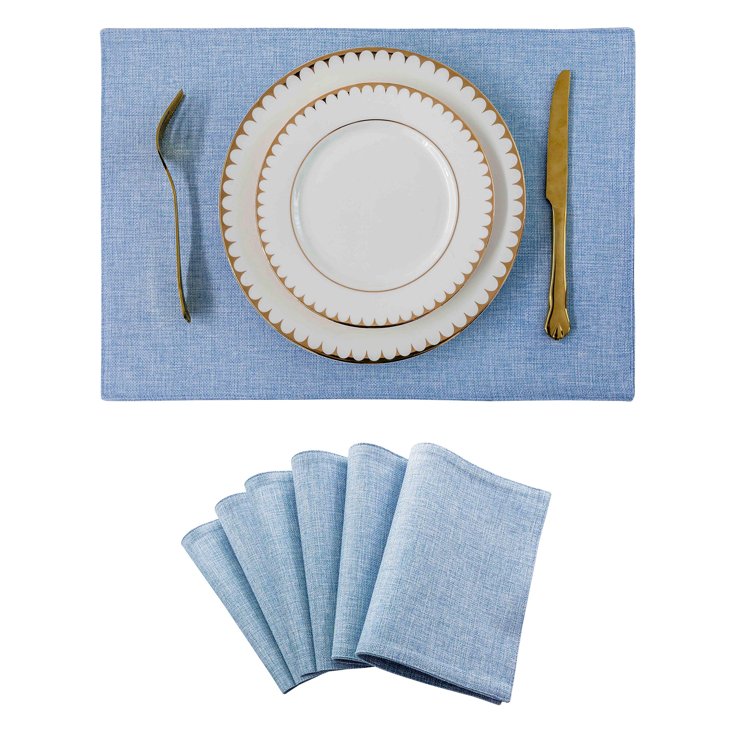 Home Brilliant Blue Placemats for Dining Table, Faux Linen Fabric Place Mat Set of 6, Table-Protector for Restaurant Tables, 33 x 48 cm(13x19 Inch), Light Blue