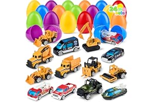 JOYIN 24 Pcs Prefilled Easter Eggs with Cars, with Vehicle Toys for Boys Kids Hunt, Basket Stuffers Fillers, Kids Party Favor