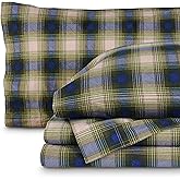 Bare Home Flannel Sheet Set Prints, 100% Cotton, Velvety Soft Heavyweight - Double Brushed Flannel for Extra Softness & Comfort - Deep Pocket - Bed Sheets (Full, Voyageur Plaid - Green)